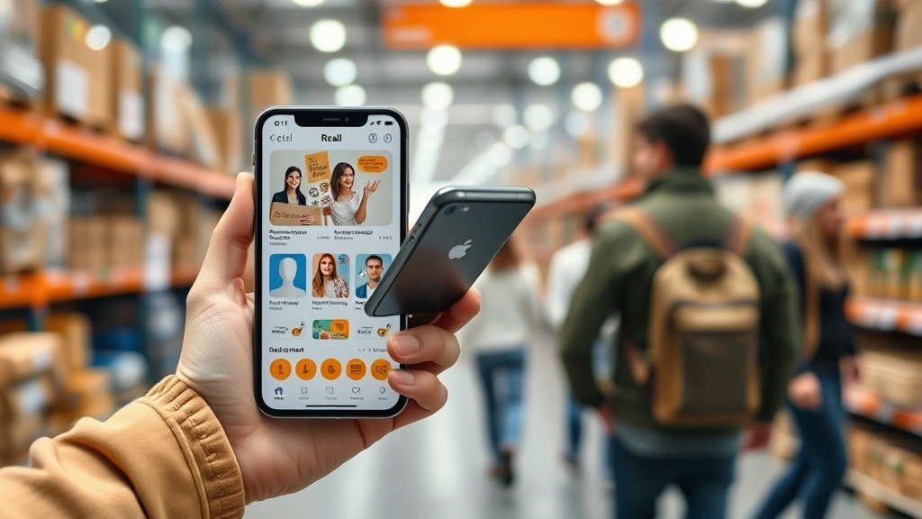 Close-up of a customer holding a mobile phone showing a retail app while standing in a warehouse store, with blurred merchandise and other shoppers in background, emphasizing digital-physical integration