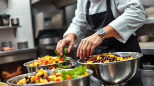 Professional chef preparing fresh black bean and corn salad in modern commercial kitchen with stainless steel equipment, vibrant ingredients in metal bowls, focused on vegetable prep and mixing techniques