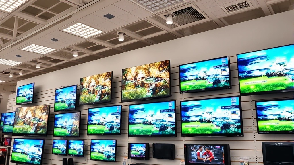 Retail electronics store display with multiple television screens showing different content simultaneously, bright store lighting, professional merchandising setup, diverse screen sizes