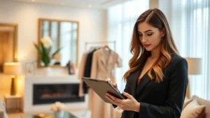 Professional woman browsing designer dresses on a tablet in a modern luxury home setting, warm lighting, sophisticated interior design visible, focused expression examining fashion merchandise