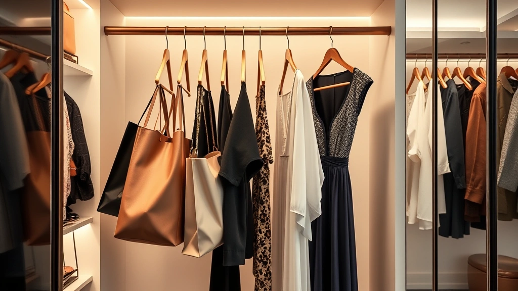 Luxury retail shopping bags and designer dress hanging on a rack in modern home closet, soft lighting, organized wardrobe space, premium fashion items displayed elegantly