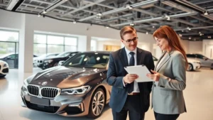 Professional luxury car showroom interior with sleek BMW sedan displayed under elegant lighting, salesperson in business attire consulting with customer reviewing documents on digital tablet