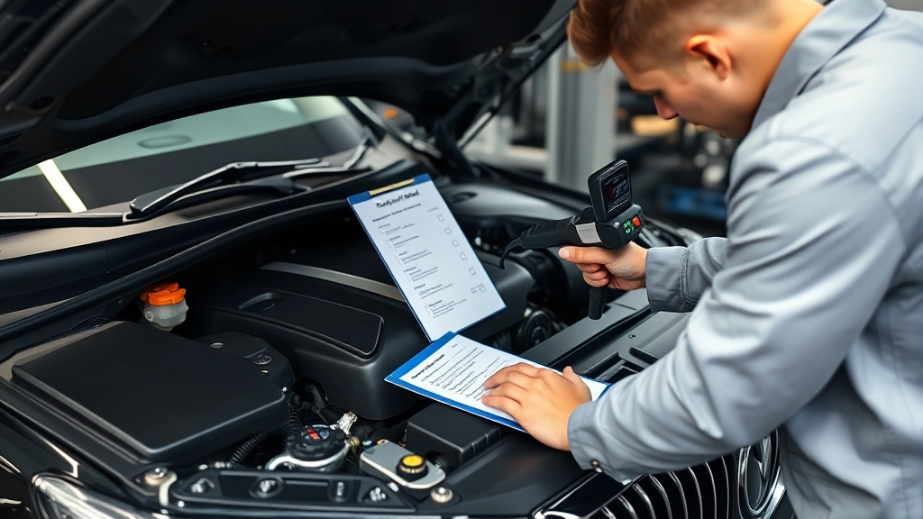 Close-up of certified pre-owned vehicle inspection checklist being completed by professional technician examining luxury sedan's engine bay with diagnostic tools