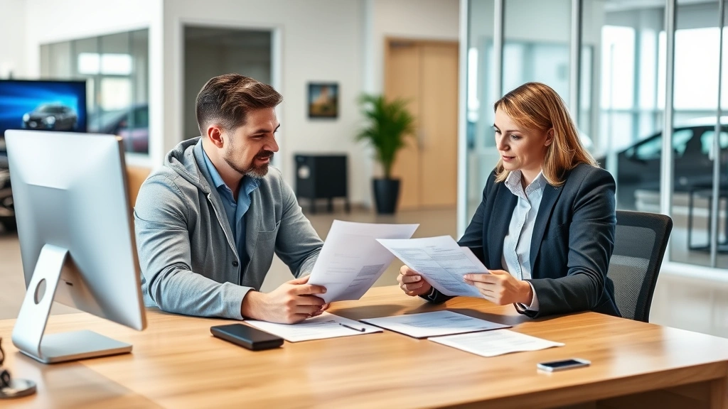 Modern dealership finance office with manager and customer reviewing financing paperwork and warranty documents at professional desk with computer display