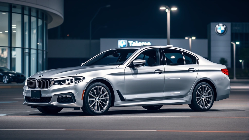 Luxury BMW 5 Series sedan in silver parked on modern dealership lot with professional lighting, showing sleek profile and premium design elements without any visible signage or text