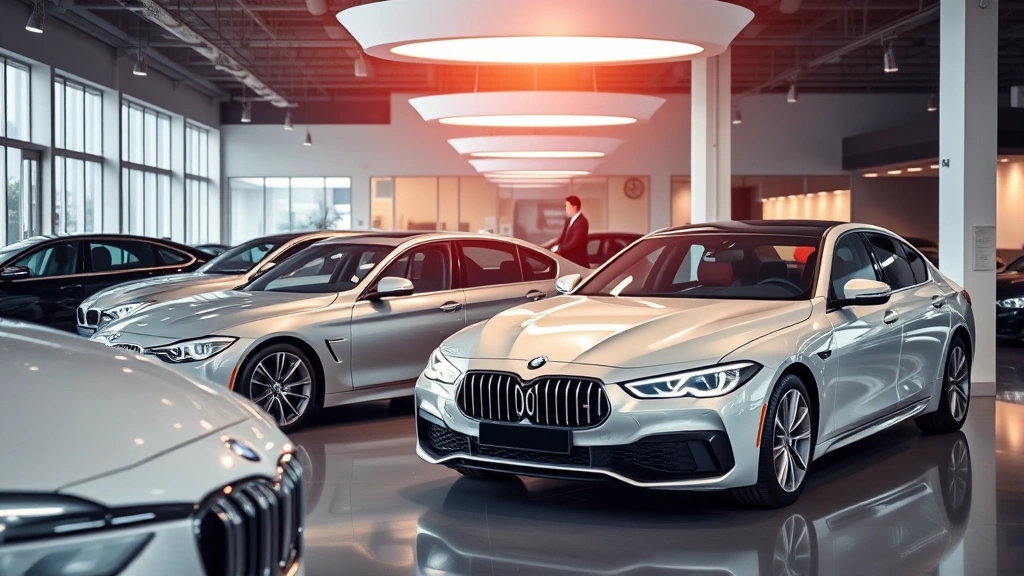 Luxury sedan dealership lot with high-end vehicles displayed under professional lighting, modern showroom environment, professional sales staff in background, daytime outdoor setting, premium automotive retail atmosphere