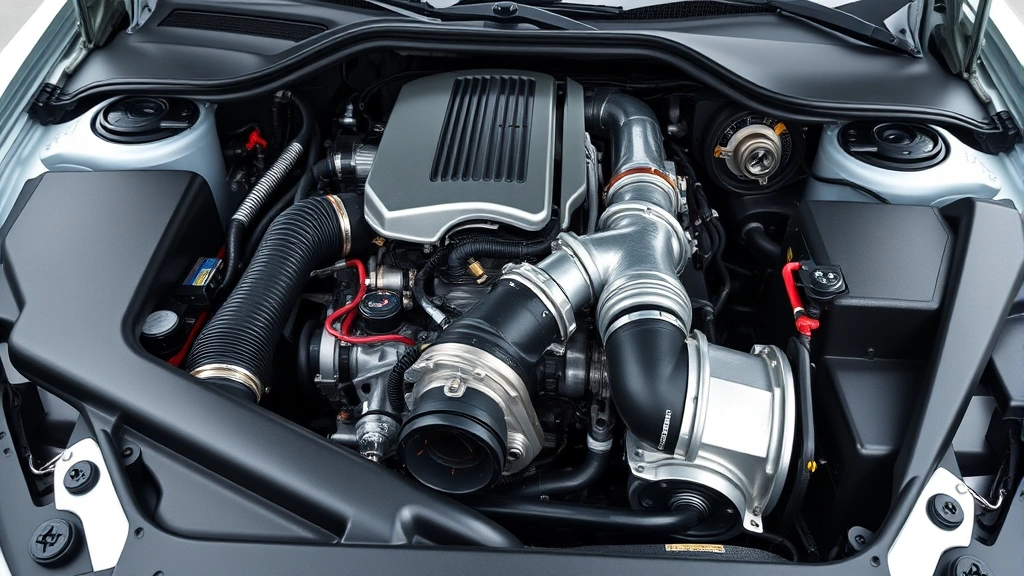 Close-up of turbocharged engine bay showing detailed mechanical components, professional automotive photography, clean engine compartment with visible turbocharger and piping, technical automotive focus