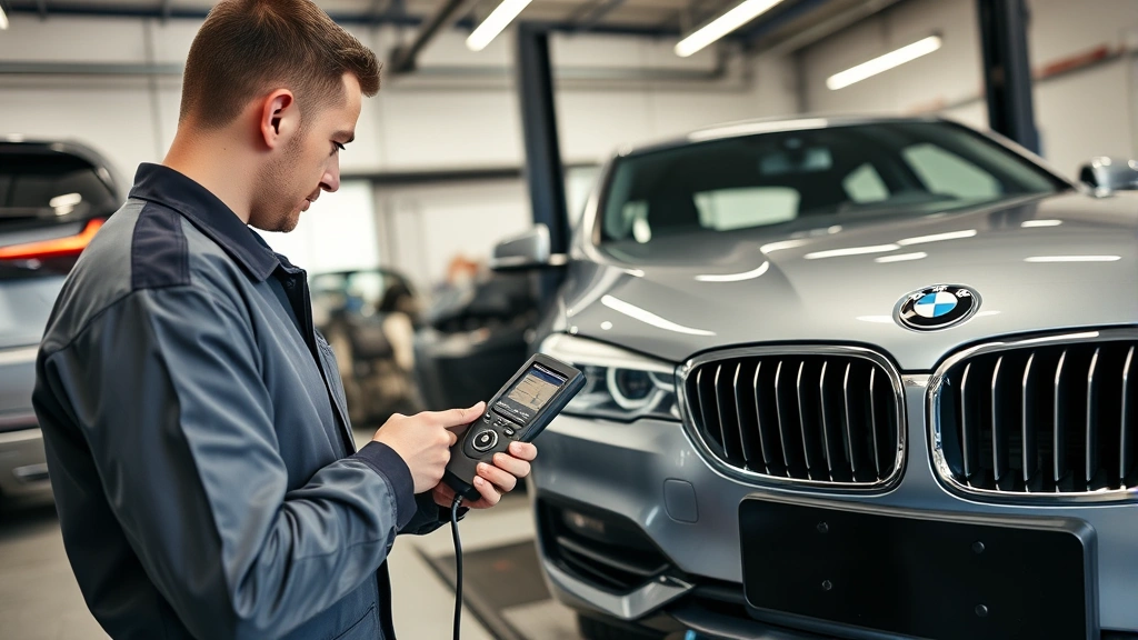 Professional mechanic performing diagnostic testing on luxury sedan using specialized BMW equipment, service bay environment, technician with diagnostic scanner, well-organized service facility, technical expertise demonstration
