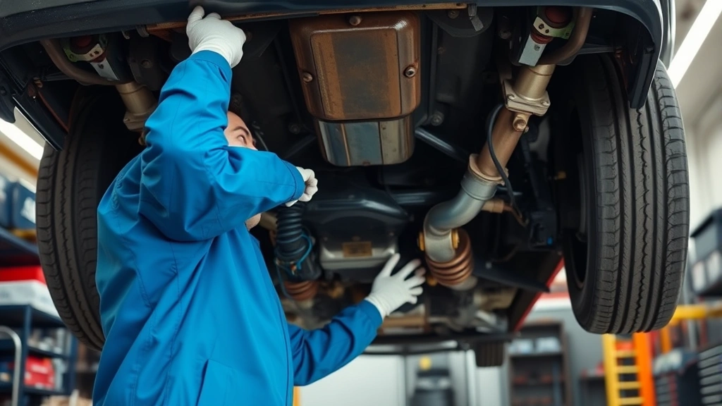 Professional automotive appraiser examining vintage BMW E30 undercarriage with inspection equipment in well-lit garage, detailed mechanical assessment in progress