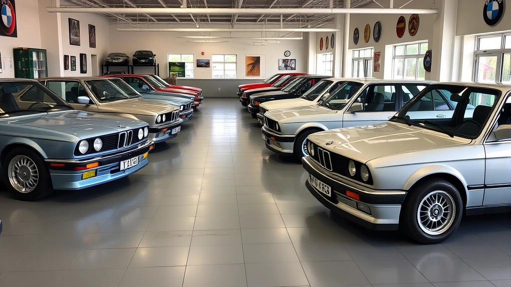 Organized classic car dealership showroom featuring multiple BMW E30 models in excellent condition, professional lighting highlighting vehicle details and condition