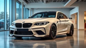 Professional BMW M2 sports car photographed from three-quarter angle in modern dealership showroom with polished concrete floors and contemporary lighting, emphasizing sleek design and performance aesthetic