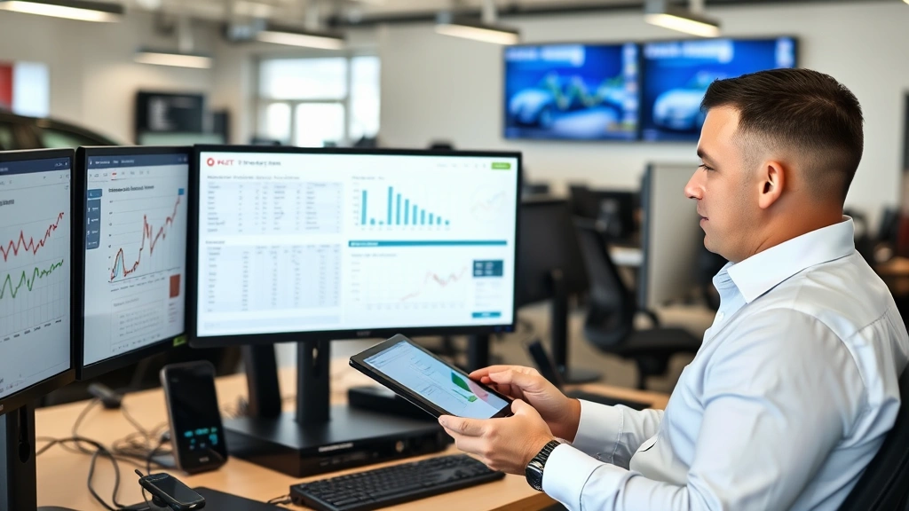 Automotive sales consultant reviewing inventory management system on digital tablet in dealership office, surrounded by computer monitors displaying vehicle databases and market analytics