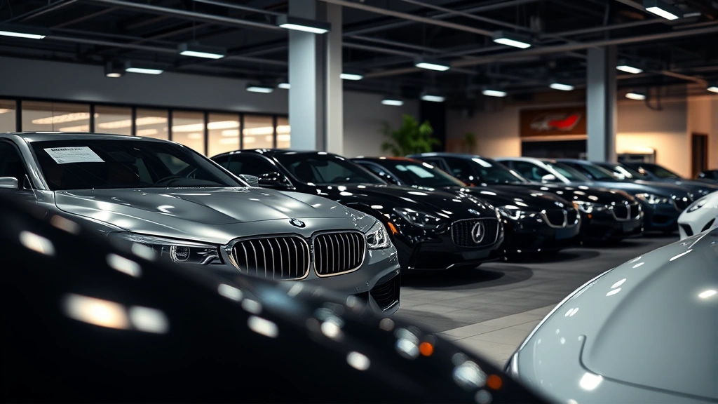 Close-up of luxury car dealership lot with multiple high-end vehicles displayed, featuring professional lighting and clean presentation, no visible signage or text on vehicles