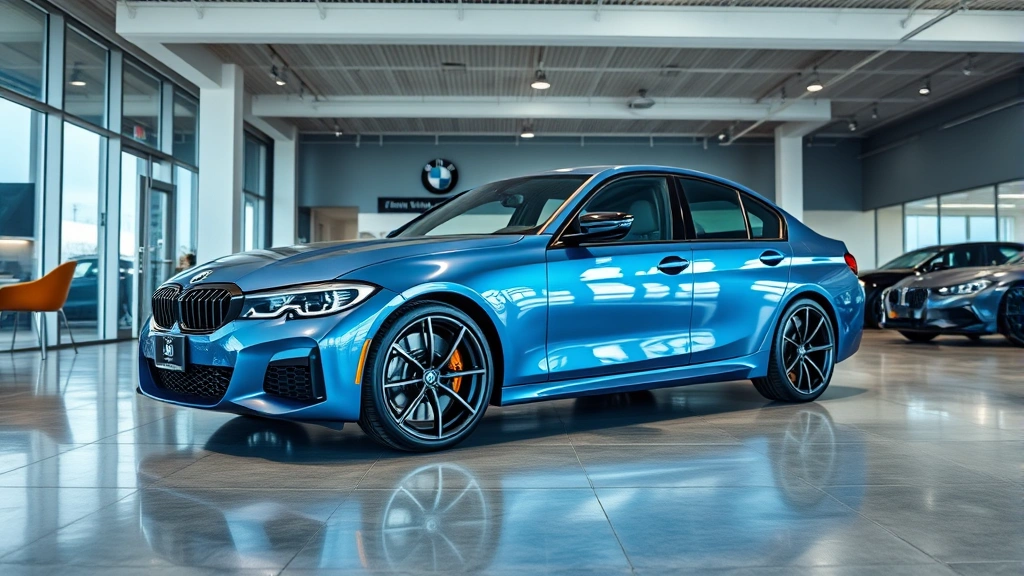 Professional automotive dealership showroom featuring a luxury BMW M340i sedan in metallic blue, displayed on polished concrete floor with modern lighting, high ceiling, and professional sales environment with no visible signage