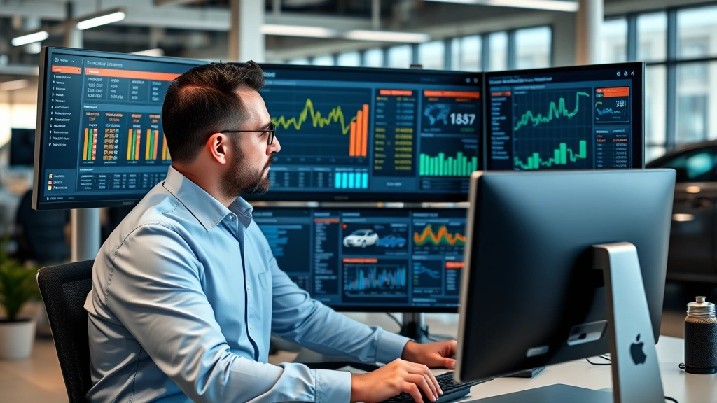 Dealership sales manager reviewing detailed vehicle inventory data on multiple computer monitors showing pricing analytics, market comparisons, and real-time inventory management dashboard in modern office setting