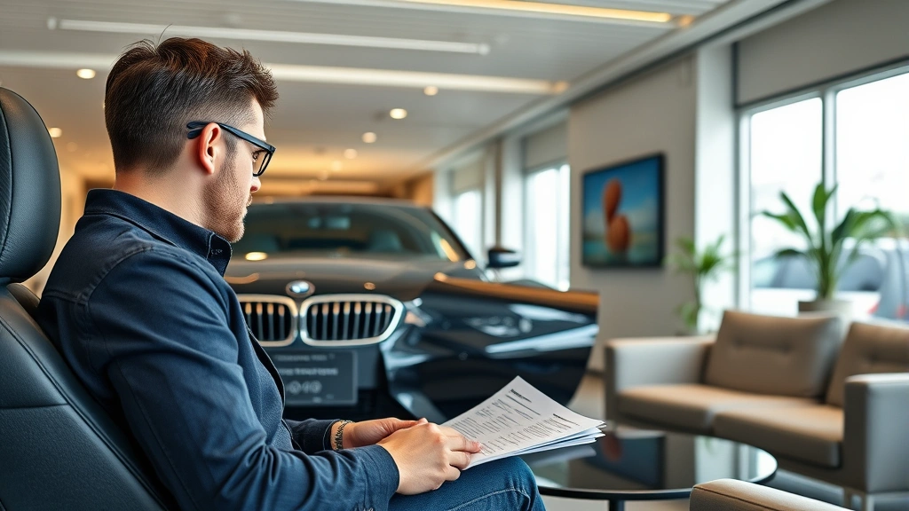 Luxury vehicle buyer examining a BMW M340i during test drive preparation, reviewing detailed vehicle specification documents and feature information in dealership consultation area with modern furniture