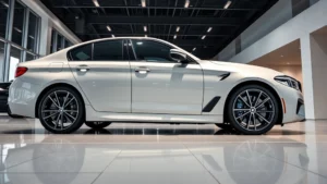 Professional BMW M5 luxury sedan parked in modern dealership showroom with bright lighting and minimalist design, high-angle shot showing vehicle's sleek profile and premium interior