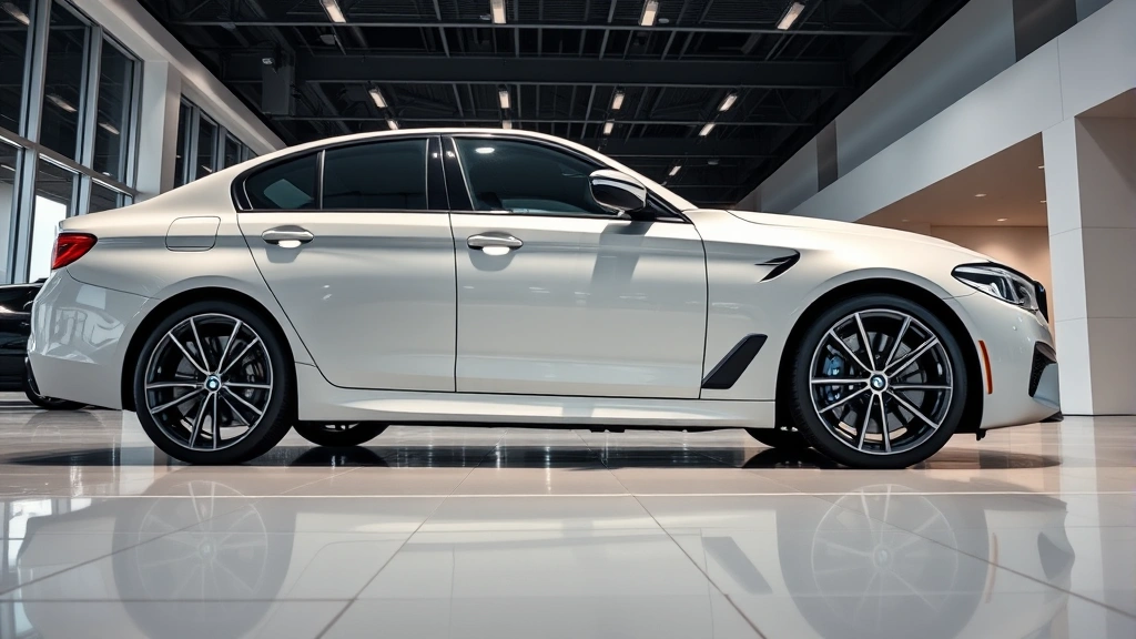 Professional BMW M5 luxury sedan parked in modern dealership showroom with bright lighting and minimalist design, high-angle shot showing vehicle's sleek profile and premium interior