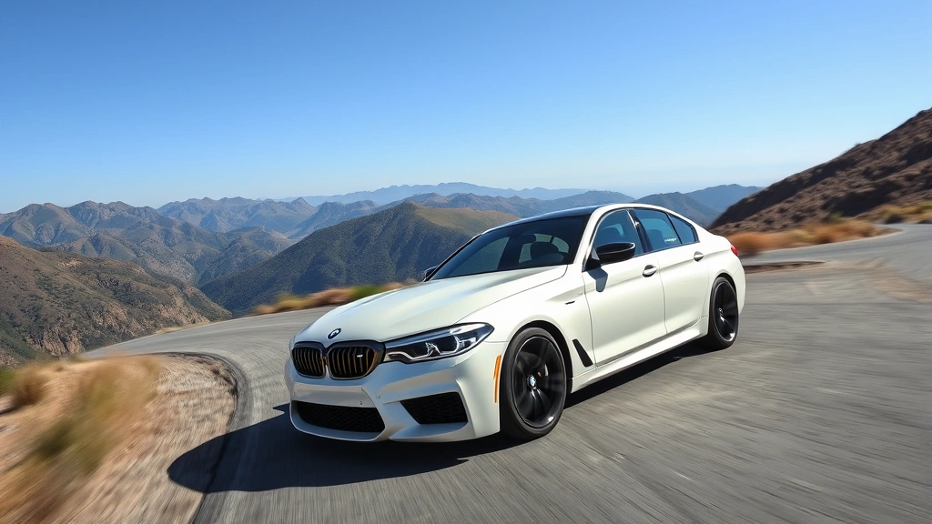 BMW M5 performance sedan driving on scenic mountain road with clear sky, dynamic action shot showcasing vehicle's sporty capabilities and premium engineering