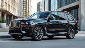 Luxury BMW X7 SUV parked in modern urban setting with contemporary architecture, premium black exterior with polished wheels, daytime natural lighting, professional automotive photography style, no signage or text visible