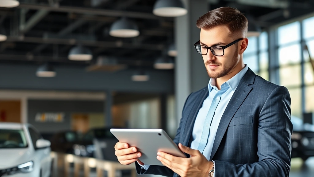 Businessman in business casual attire reviewing tablet displaying vehicle specifications and market data in modern office environment, analyzing automotive pricing information, professional and focused expression, bright natural lighting