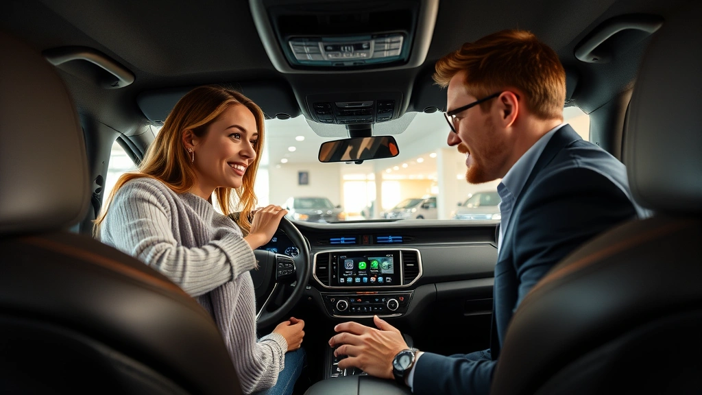 Diverse couple examining luxury SUV interior dashboard and controls, hands on steering wheel, modern tech interface visible, genuine interest and satisfaction on faces, premium leather and ambient lighting, no dealership signage visible