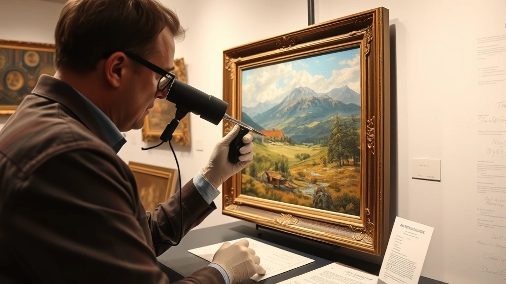 Professional art collector examining original oil painting under magnifying glass in climate-controlled gallery space, wearing white gloves, with authentication documents visible on desk beside framed landscape artwork