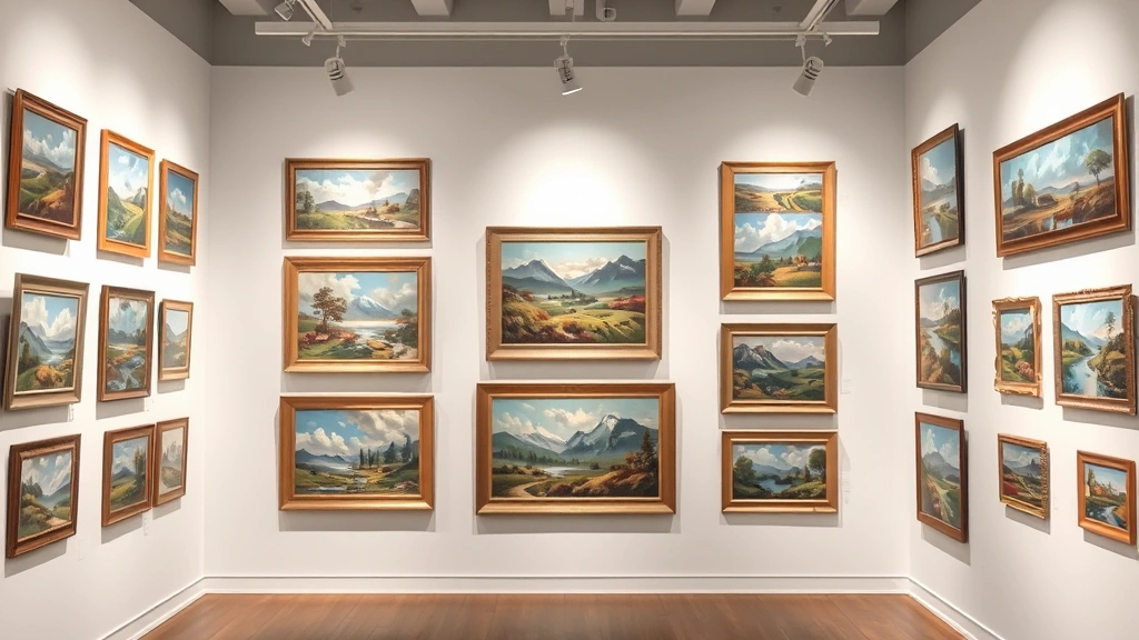 Organized collection of framed landscape paintings displayed on white gallery walls with professional lighting, showing various sizes and compositions of nature scenes in oils, with museum-quality presentation