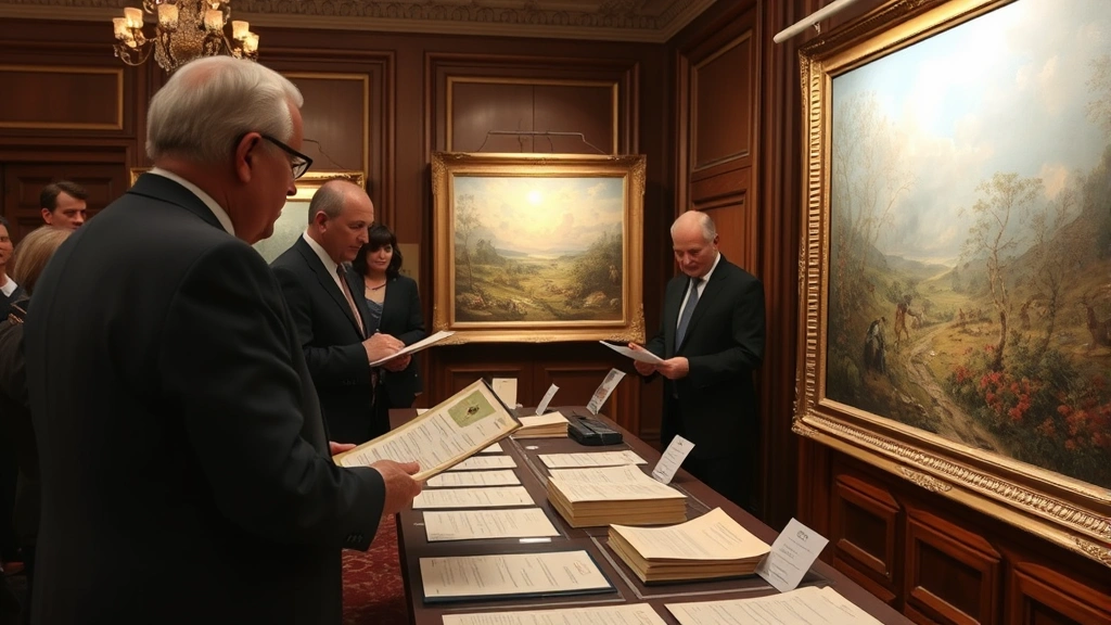 Auction house scene with professional auctioneer and bidders examining detailed catalog information for landscape paintings, with authentication certificates and appraisal documents on display table