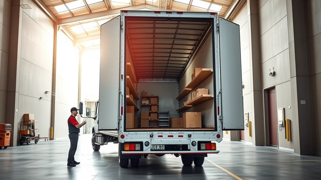 Professional commercial box truck photographed from three-quarter angle in a modern warehouse loading dock, with open cargo doors revealing organized interior, natural daylight streaming through warehouse skylights, professional driver in uniform standing nearby, clean and well-maintained appearance, realistic logistics environment
