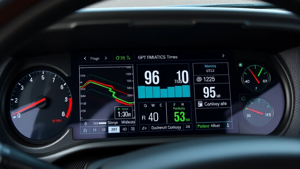 Close-up of commercial truck dashboard and telematics system display showing GPS route optimization, fuel economy metrics, and maintenance alerts, modern technology interface with clear readability, realistic dashboard photography, professional commercial vehicle interior
