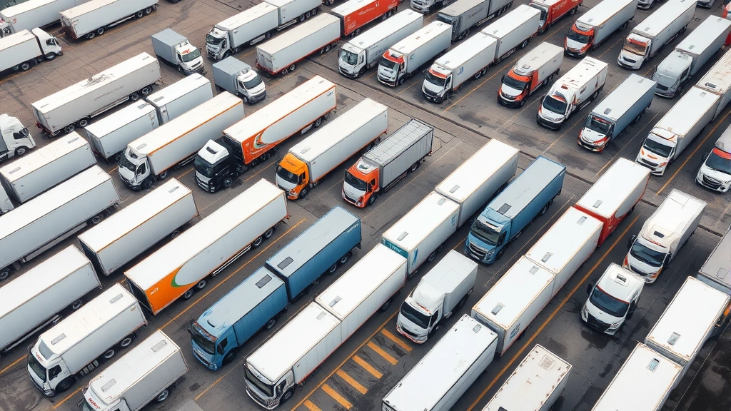 Aerial view of multiple commercial box trucks organized in fleet yard, showing diverse vehicle sizes and types parked in organized rows, modern logistics facility setting, clear visibility of vehicle specifications and condition, professional fleet management environment, natural lighting