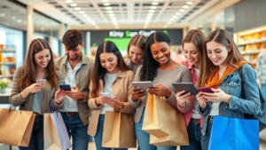 Diverse shoppers browsing products on tablets and smartphones in modern retail environment, holding shopping bags with satisfied expressions, natural lighting