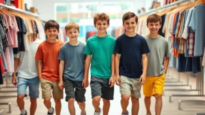 Young boys wearing casual summer clothing—t-shirts, shorts, sneakers—smiling while walking through a bright retail store with clothing racks in background, natural lighting, diverse group