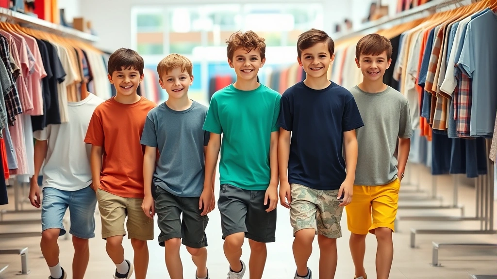 Young boys wearing casual summer clothing—t-shirts, shorts, sneakers—smiling while walking through a bright retail store with clothing racks in background, natural lighting, diverse group