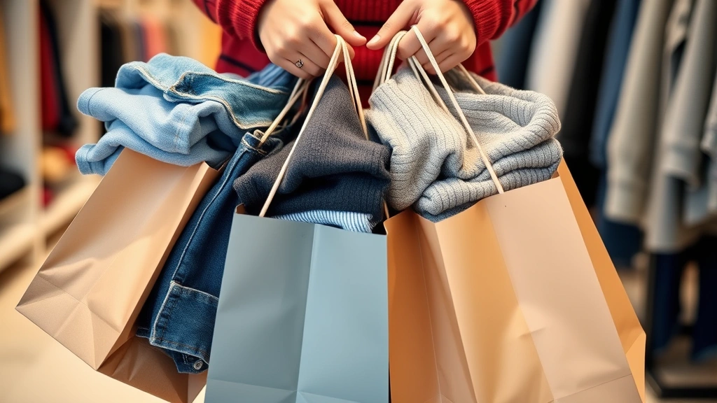 Close-up of hands holding multiple shopping bags filled with folded boys clothing items including jeans, shirts, and sweaters, neutral retail environment background