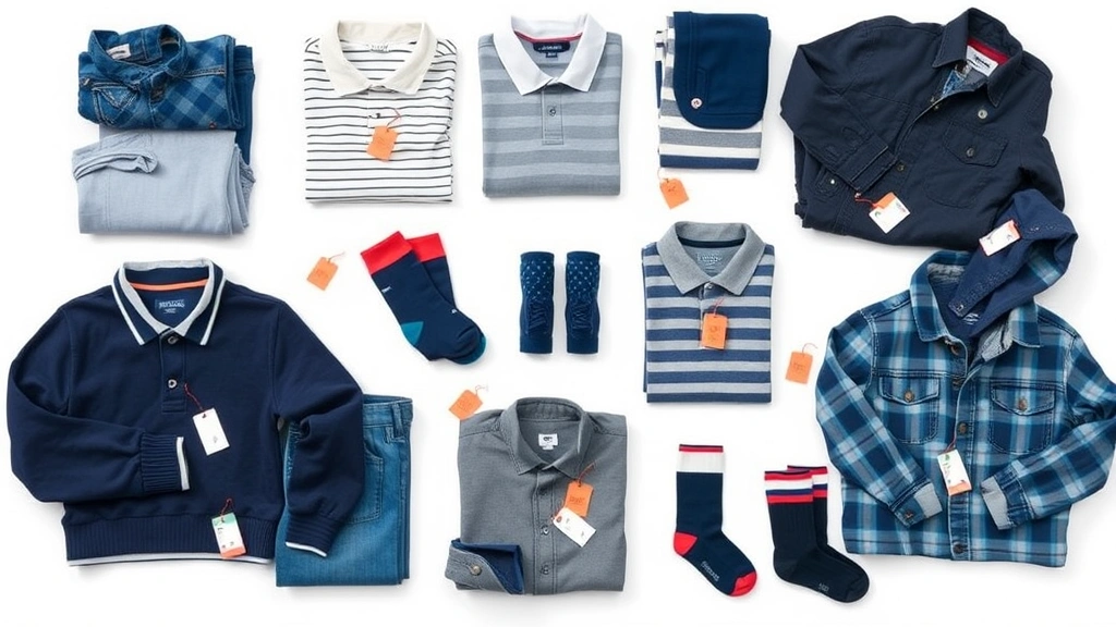 Overhead flat lay of organized boys clothing sale items—neatly folded jeans, polo shirts, jackets, socks—arranged on clean white surface with discount tags visible, product photography style