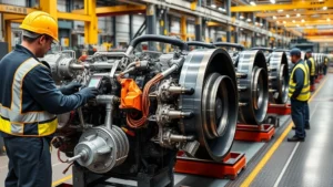 Heavy-duty diesel engine assembly line with technicians in safety gear inspecting metallic ISX engine components, industrial facility background, professional manufacturing environment