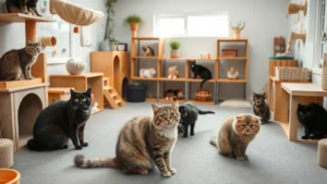 Professional British Shorthair cat breeder's facility with clean, well-organized cattery showing healthy adult cats and kittens in enriched environment with climbing structures and toys, natural lighting