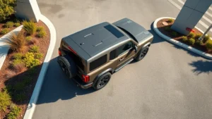 Professional overhead shot of a modern Ford Bronco SUV parked on a sunny dealership lot with professional landscaping, clean asphalt, and bright daylight illuminating the vehicle's exterior and details
