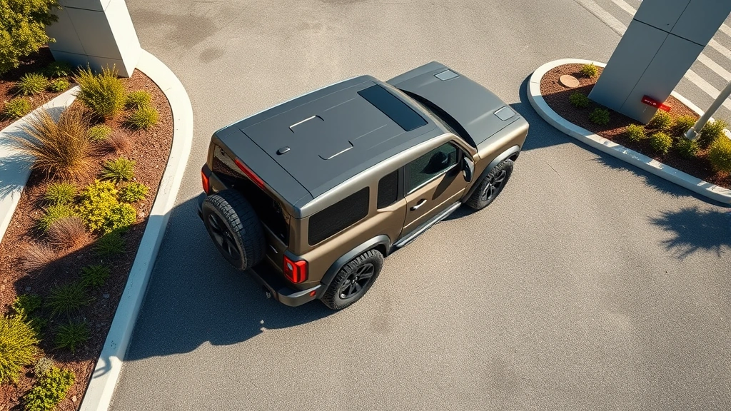 Professional overhead shot of a modern Ford Bronco SUV parked on a sunny dealership lot with professional landscaping, clean asphalt, and bright daylight illuminating the vehicle's exterior and details