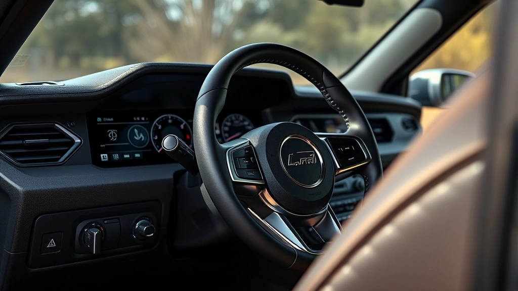 Close-up detail shot of Bronco dashboard and steering wheel showing modern infotainment display, climate controls, and premium interior appointments with natural soft lighting
