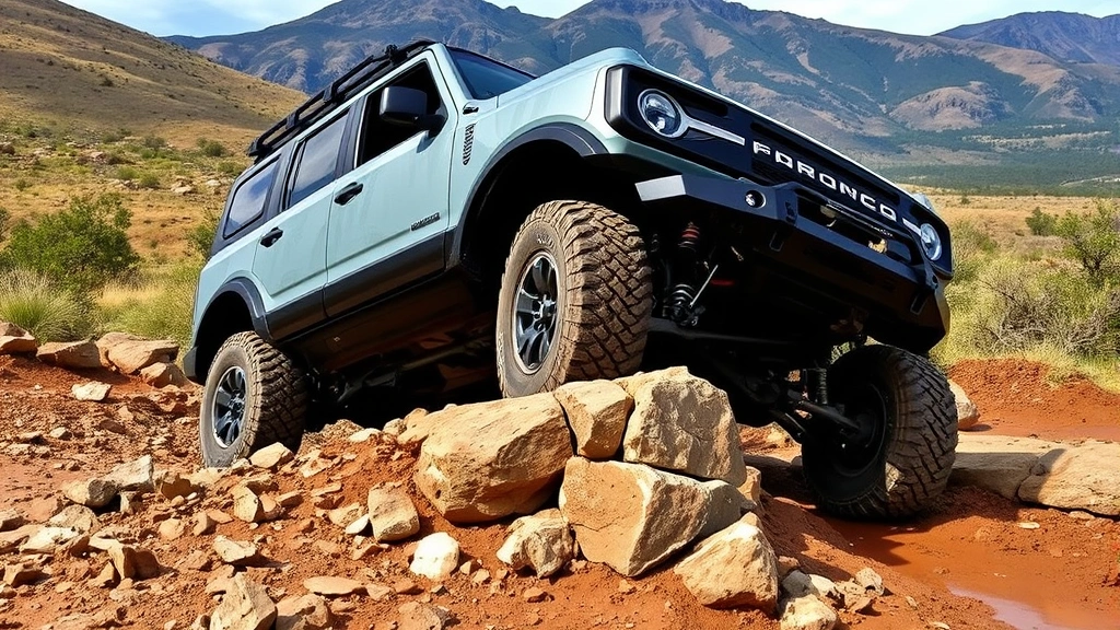 Bronco SUV navigating rocky off-road terrain with visible suspension articulation, muddy ground, natural landscape background, showcasing capability and rugged design in outdoor environment