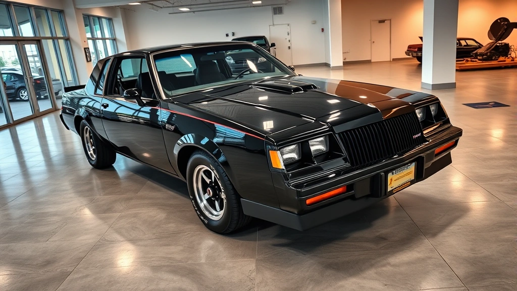 Professional overhead shot of a pristine black 1987 Buick Grand National muscle car in a modern dealership showroom with polished concrete floors and professional lighting