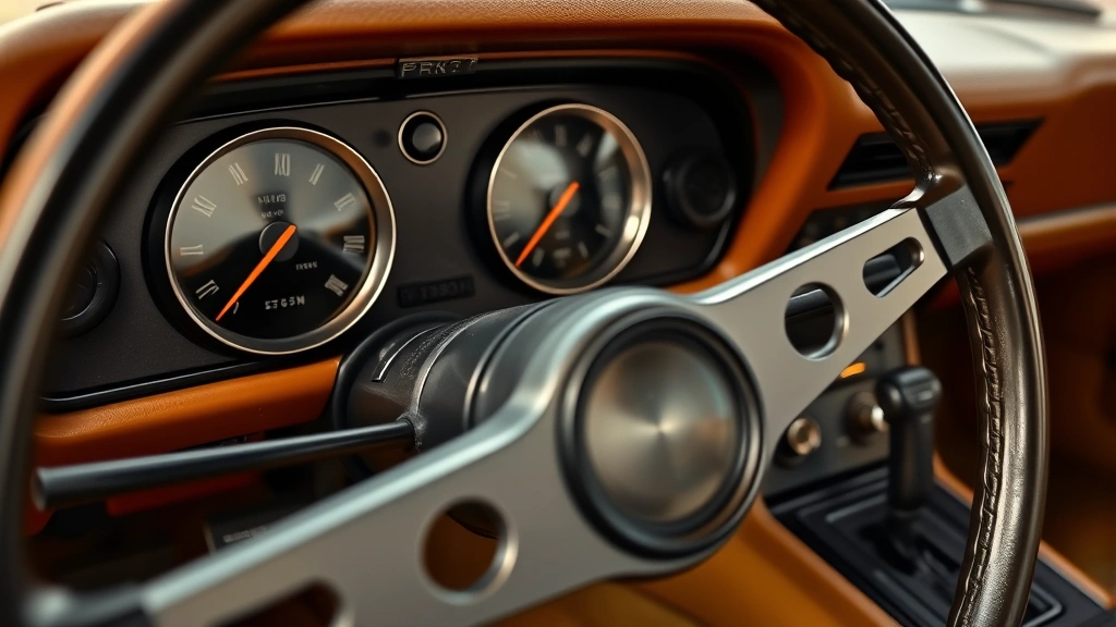 Close-up detail of a classic car dashboard and steering wheel showing original 1980s instrumentation and leather interior in excellent condition