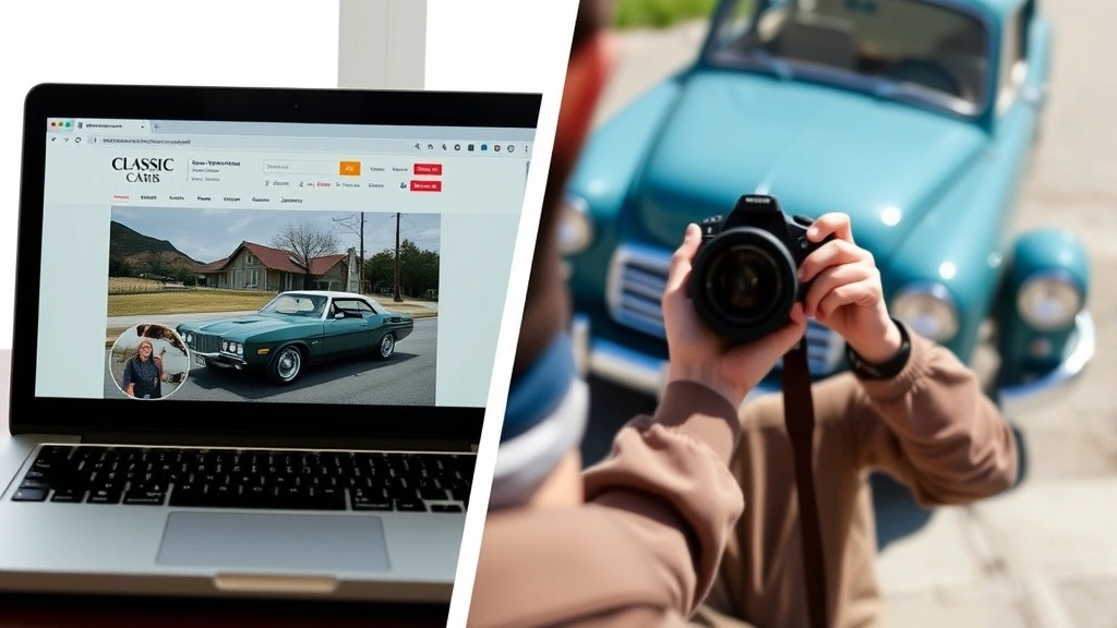 Split-screen comparison showing a laptop displaying a classic car marketplace website on one side and a person photographing a vintage vehicle on the other side