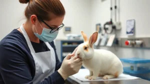 Registered rabbit breeder performing health examination on young purebred rabbit in clean, well-lit veterinary facility with proper equipment and documentation visible