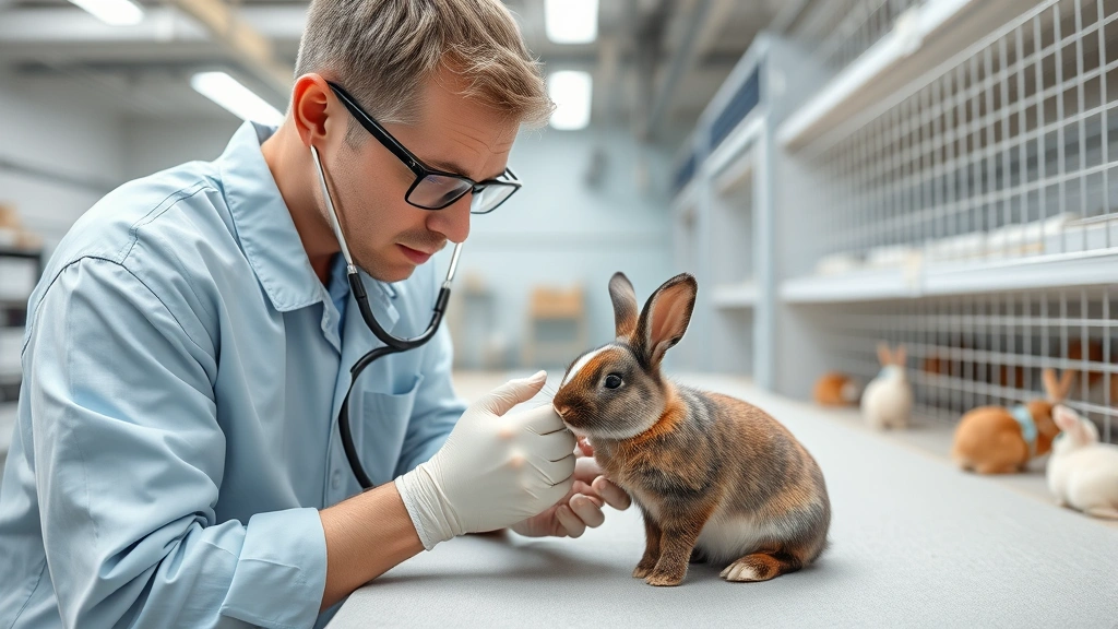 Professional breeder examining young rabbit with stethoscope in modern facility with proper ventilation and housing standards