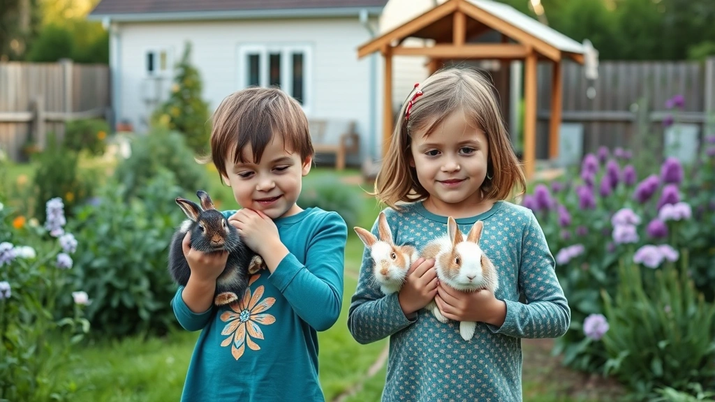Family with two children holding rabbits in outdoor garden setting with proper housing structure visible in background