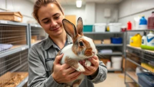 Professional bunny breeder holding healthy adult rabbit in climate-controlled facility with hutches, proper lighting, and organized supplies visible in background